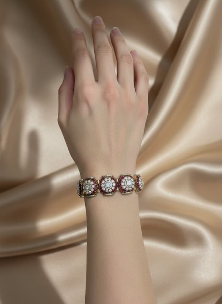 Ruby Hued Cz Kundan Style Hinged Cuff Bracelet - Image 4