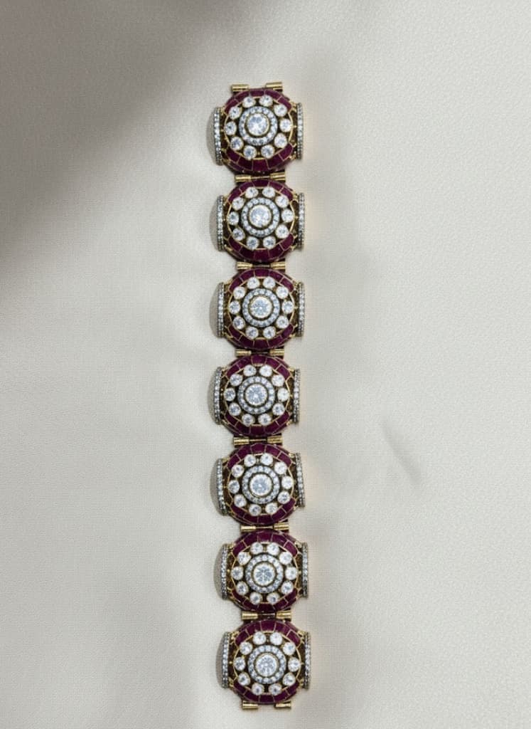 Ruby Hued Cz Kundan Style Hinged Cuff Bracelet - Image 3