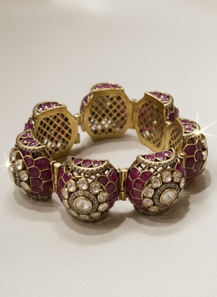 Ruby Hued Cz Kundan Style Hinged Cuff Bracelet