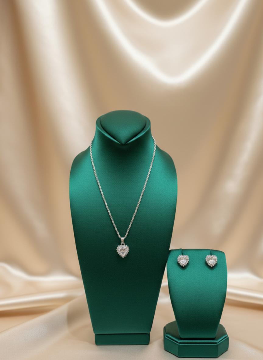 Simulated Diamond Heart Shape Pendant And Earring