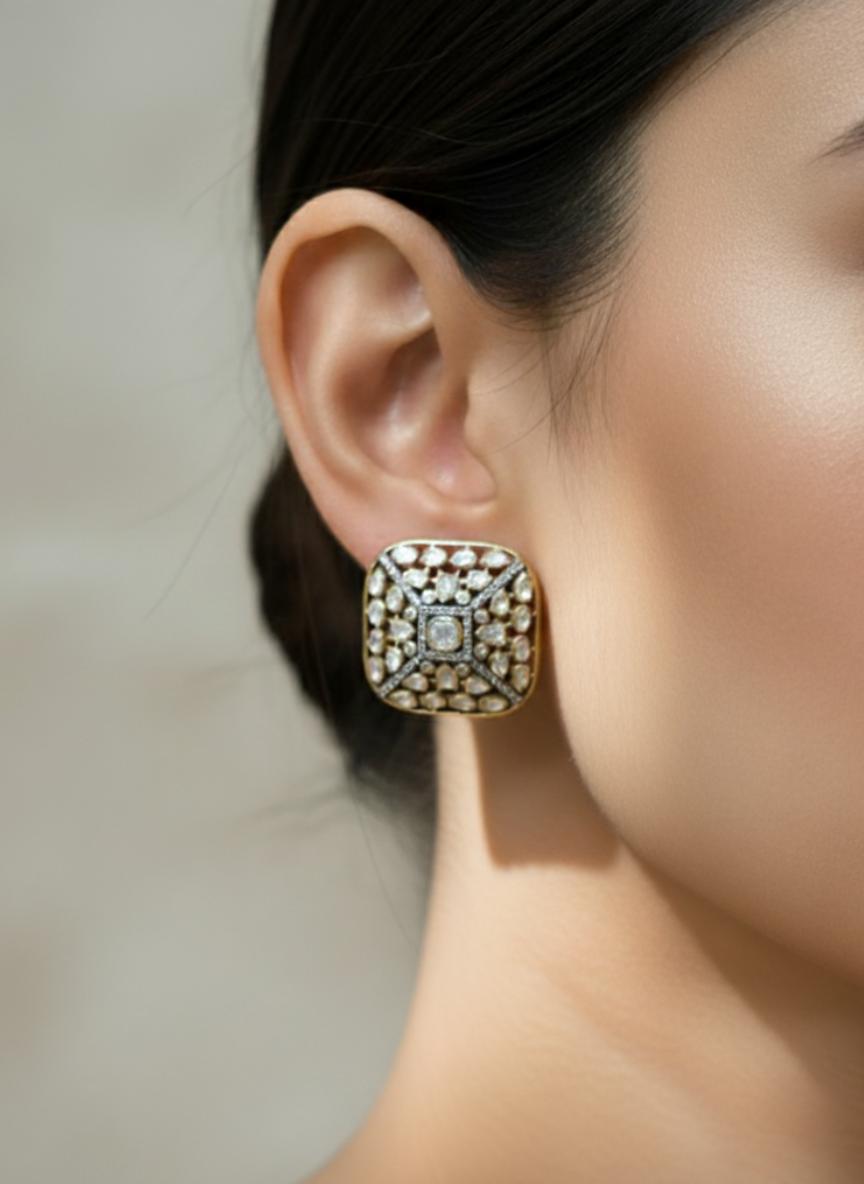 Square Moissanite Polki Statement Studs - Image 4