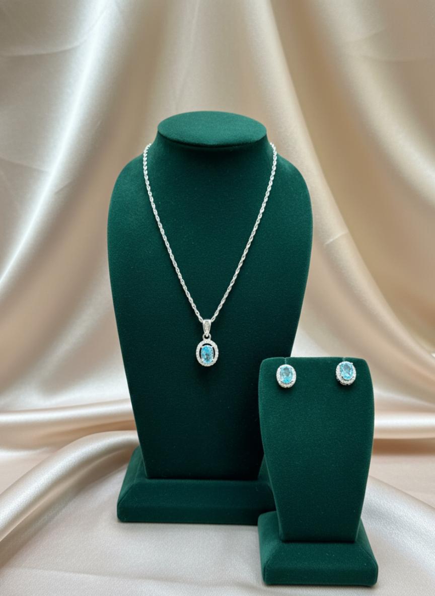 Blue Cubic Zirconia  Halo Pendant Earring Set
