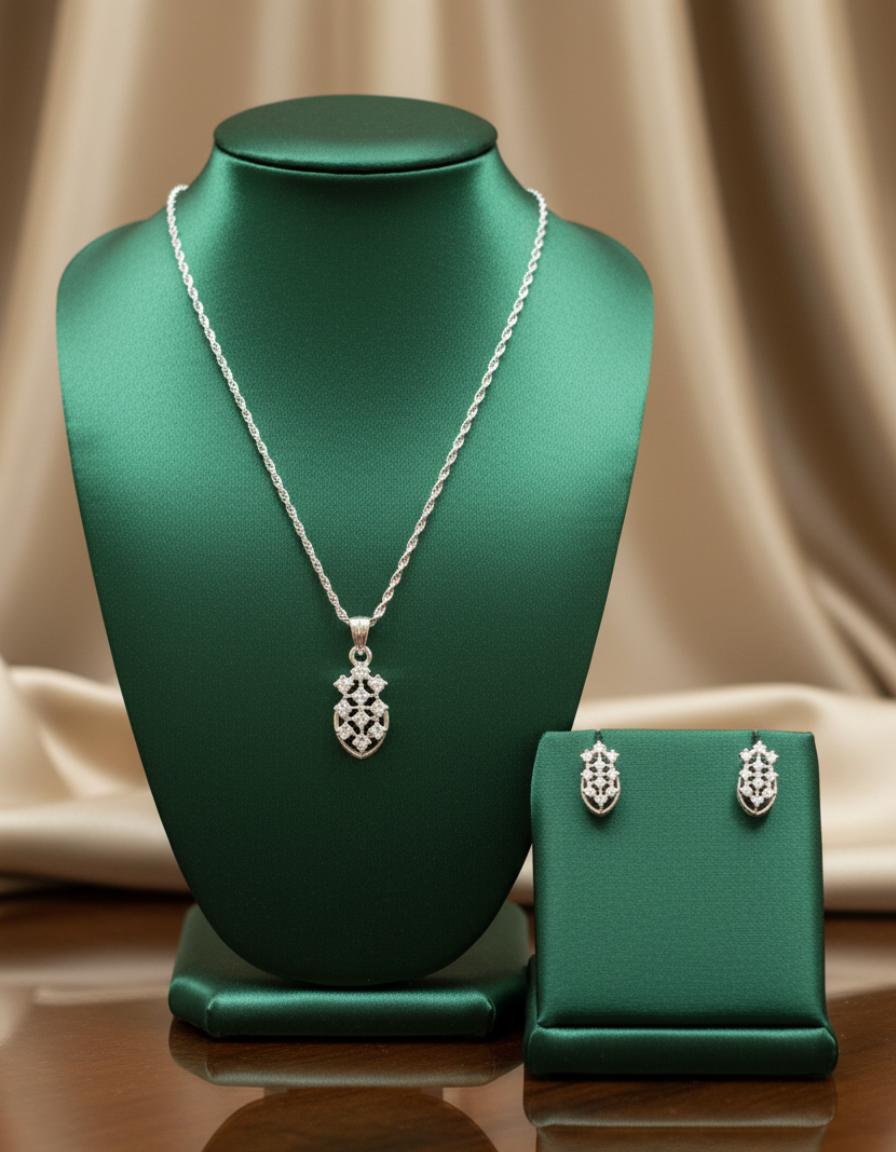 Shield Design Cubic Zirconia Pendant Earring Set
