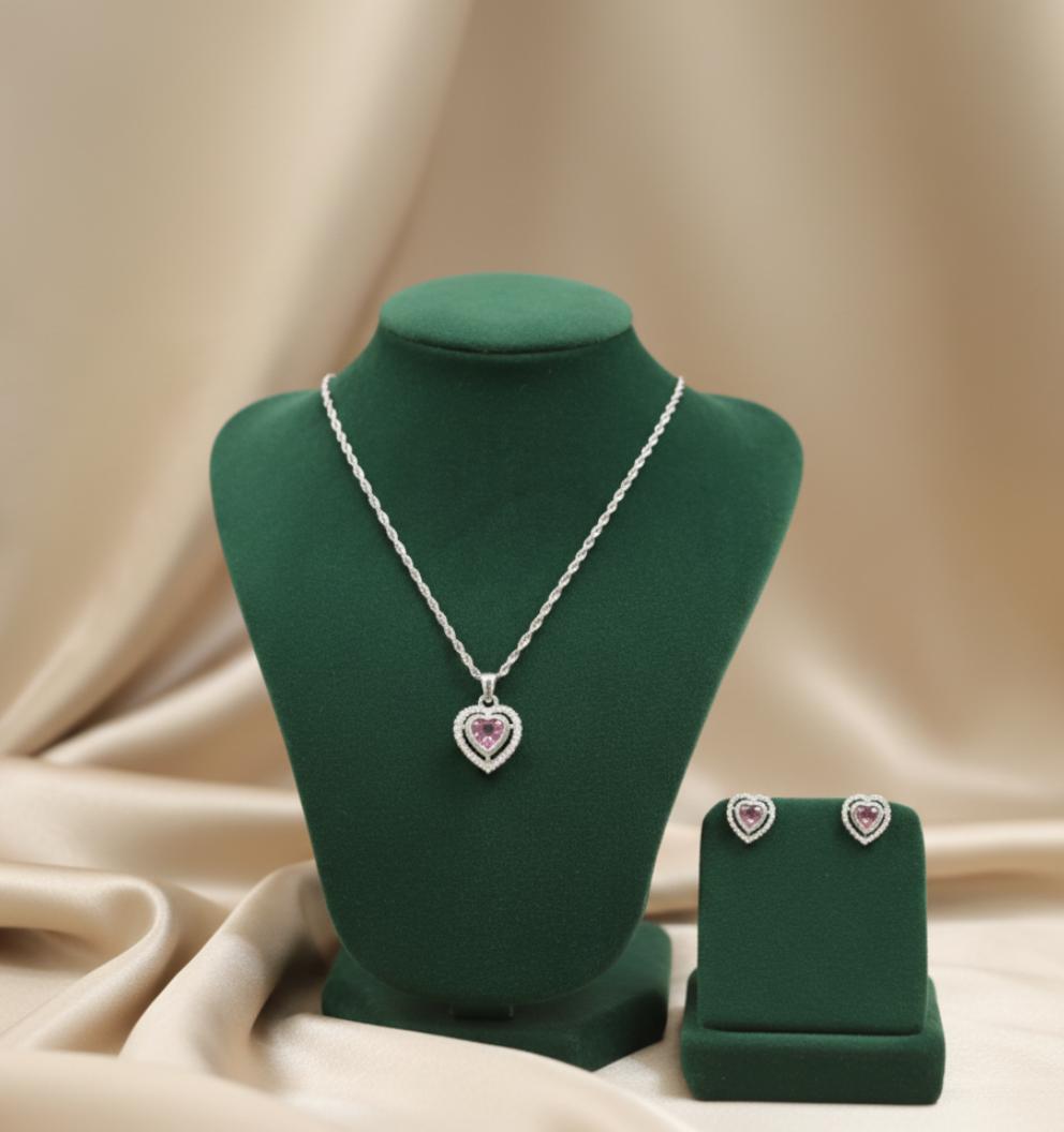 Double Heart Cubic Zirconia Halo Pendant Necklace