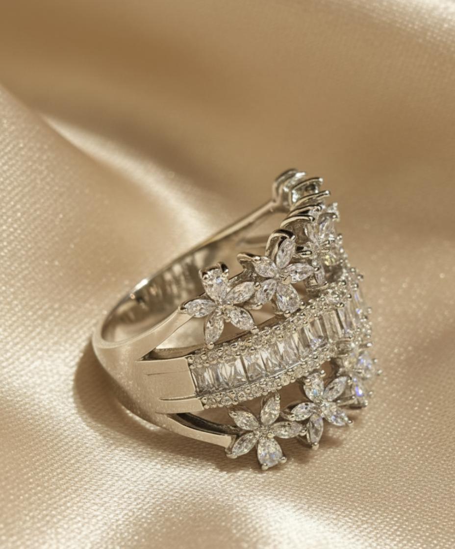 Multi-Row Floral Cubic Zirconia Band Ring - Image 2
