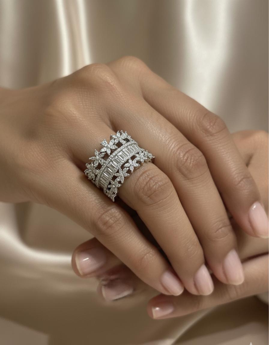 Multi-Row Floral Cubic Zirconia Band Ring - Image 4