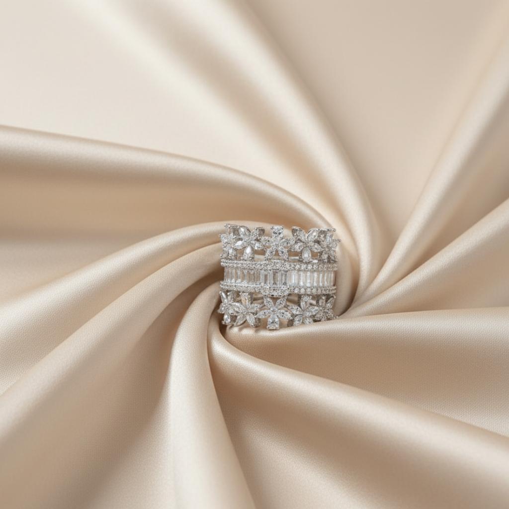 Multi-Row Floral Cubic Zirconia Band Ring