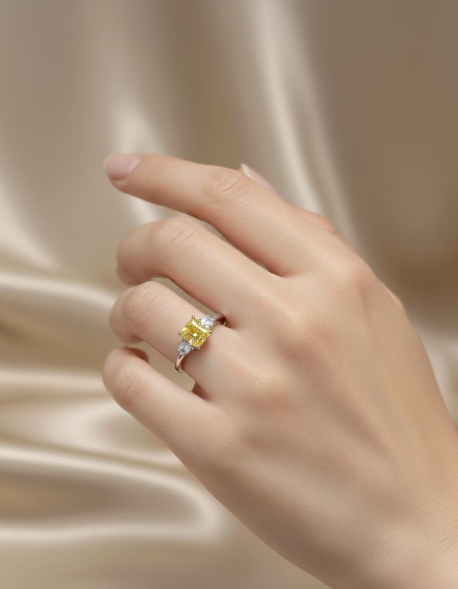 Yellow Radiant Cut Cubic Zirconia Three-Stone Statement Ring - Image 4
