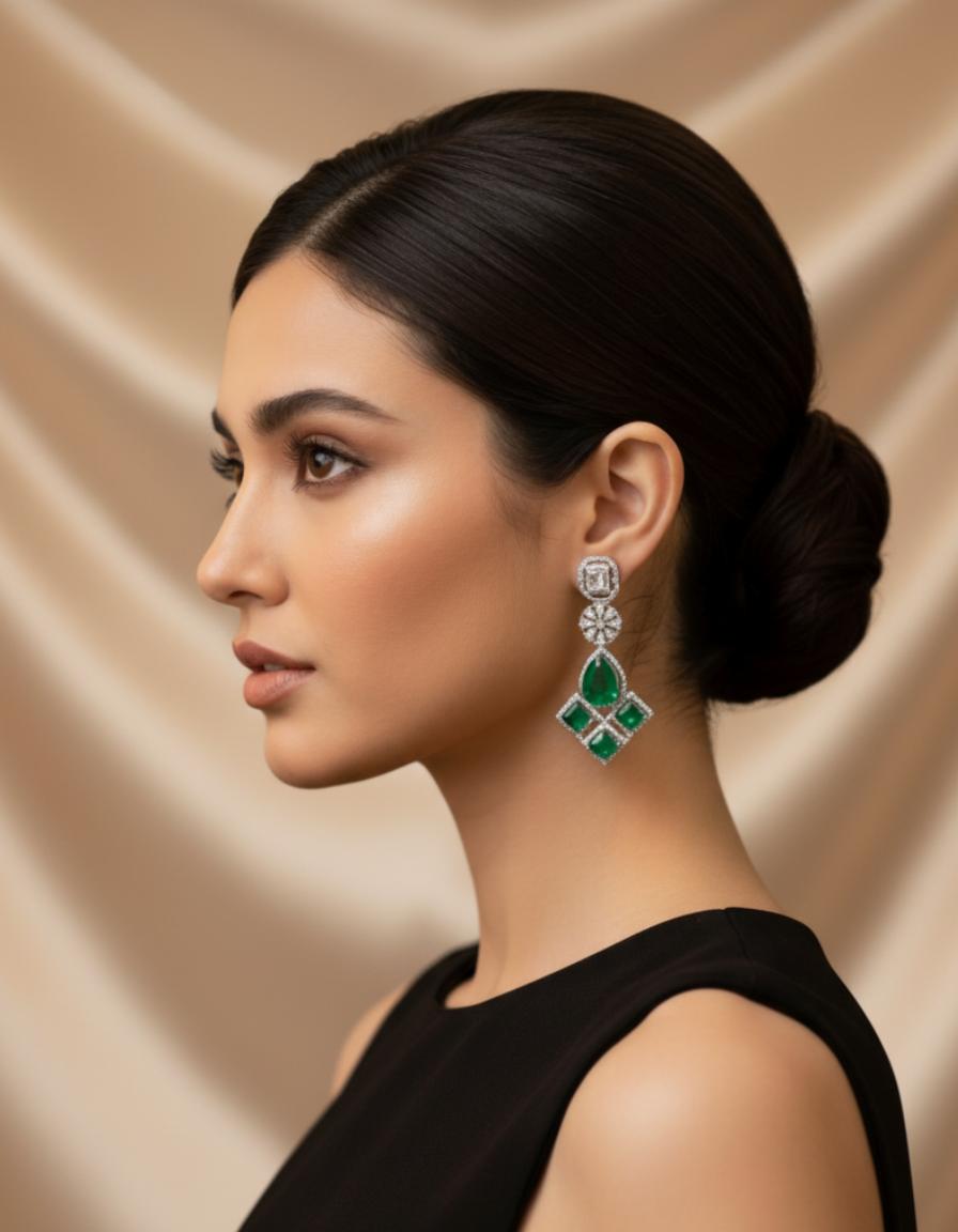 Green & Baguette Cubic Zirconia Statement Drop Earrings. - Image 3