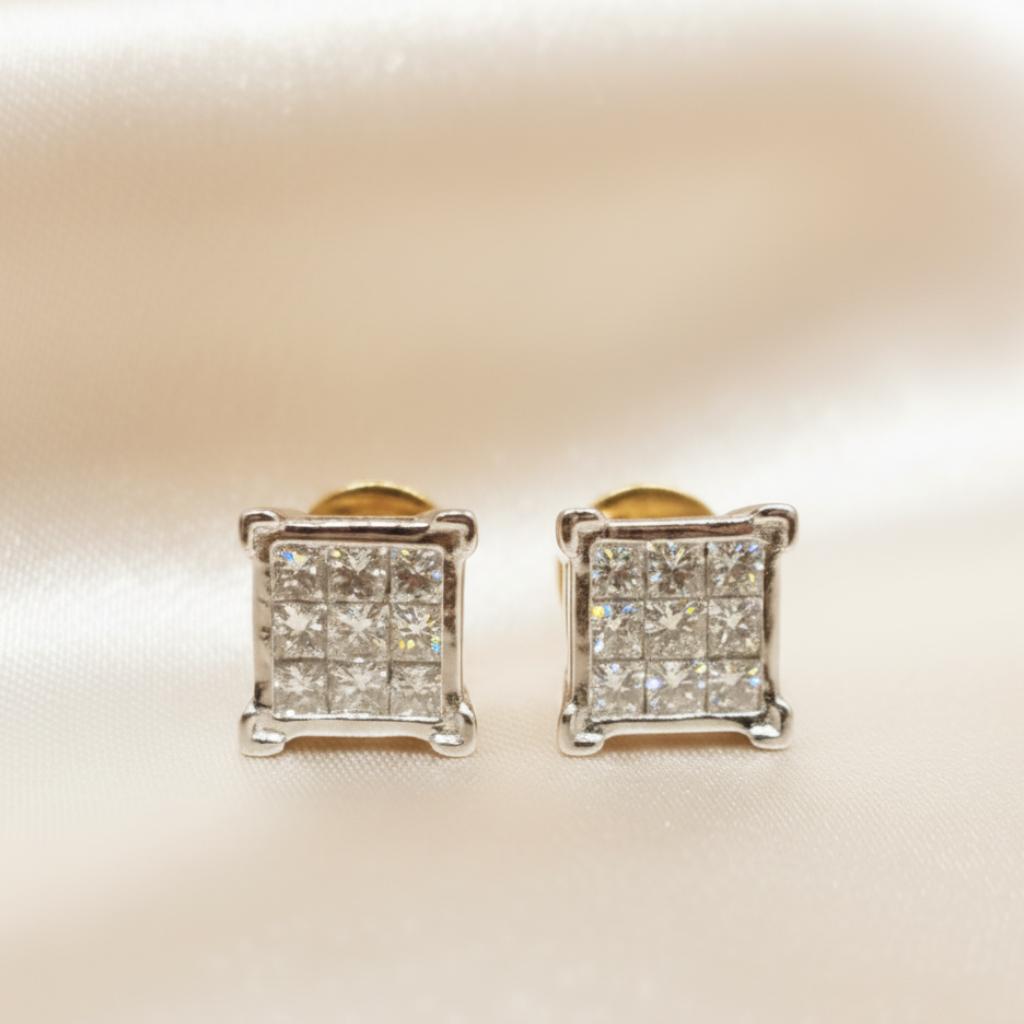 Unisex Princess Cut Diamond Cluster Studs