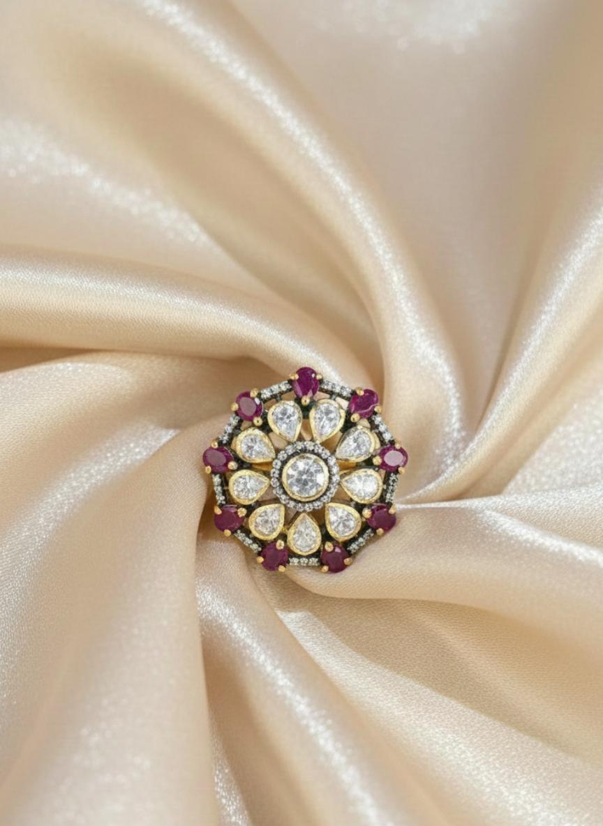 Antique Dual-Tone Floral Kundan Style Cocktail Ring