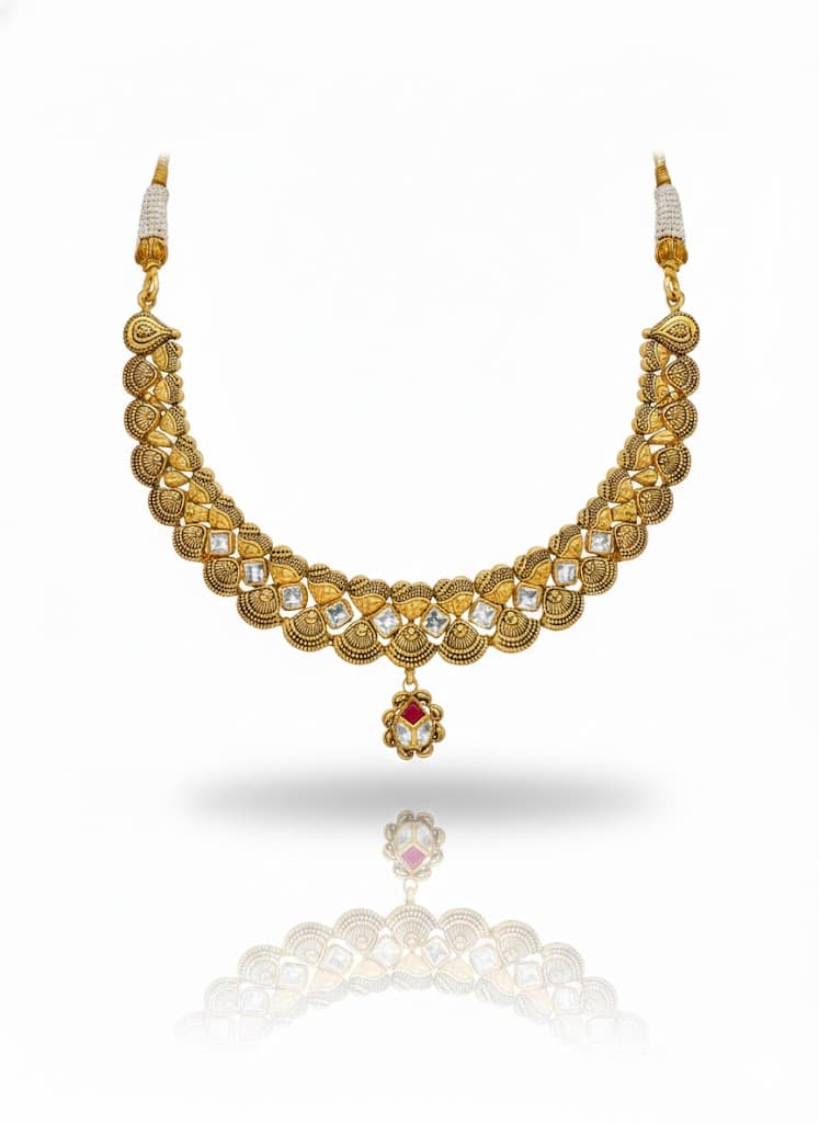 Antique Gold Kundan Necklace Set With Matching Earrings