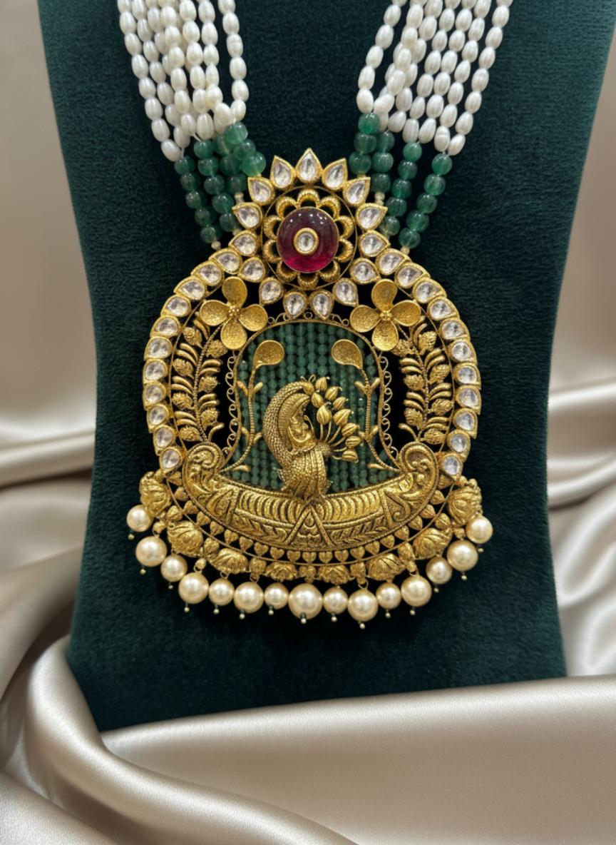 Antique Gold Temple Peacock Diamond Necklace With Multi-Strand Ruby & Pearl Mala - Image 3