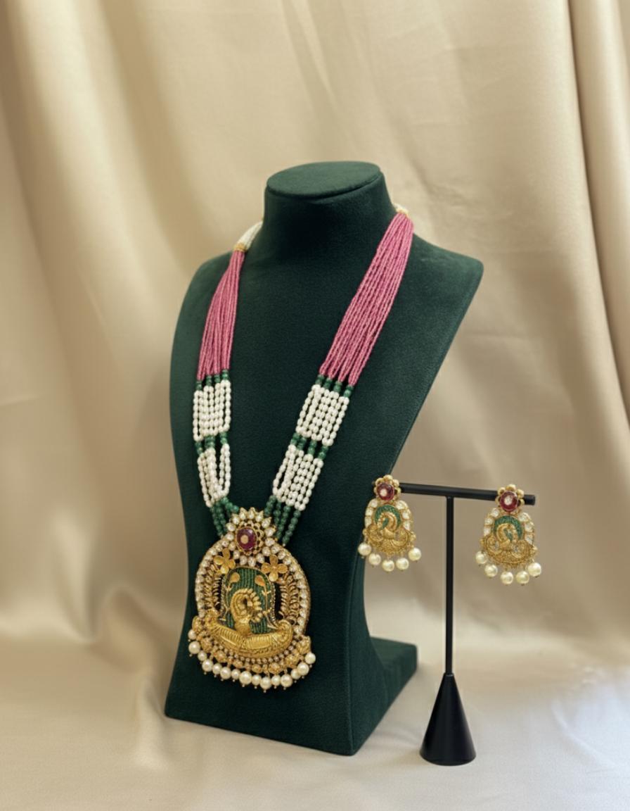 Antique Gold Temple Peacock Diamond Necklace With Multi-Strand Ruby & Pearl Mala - Image 2