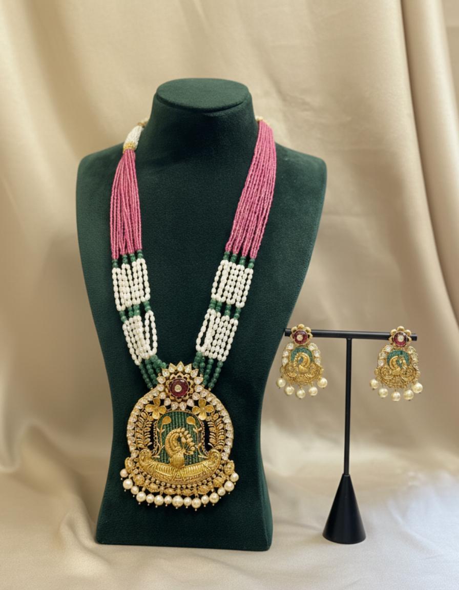 Antique Gold Temple Peacock Diamond Necklace With Multi-Strand Ruby & Pearl Mala