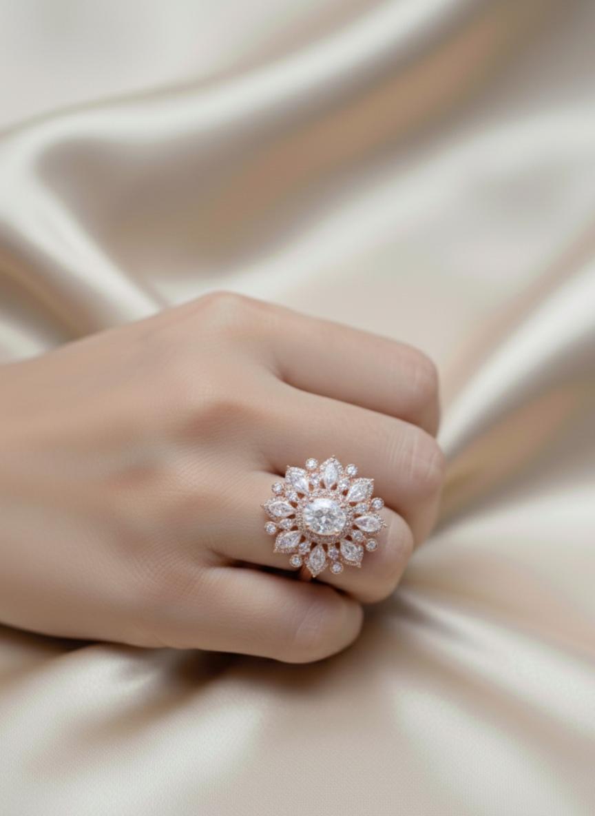 Antique Gold Tone Silver Cluster Statement Ring - Image 4