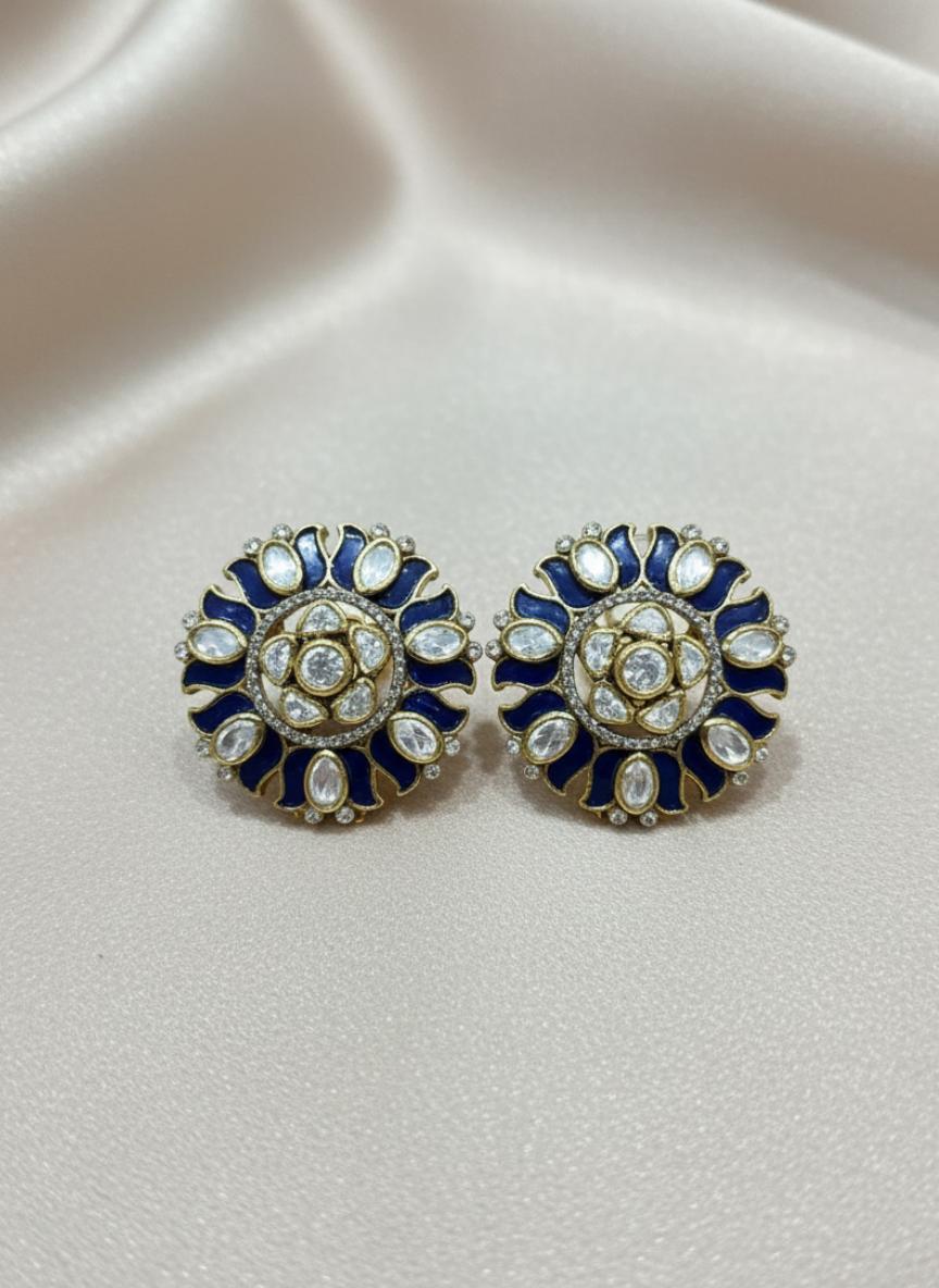 Blue Enamel Polki Style Cubic Zircon Stud Earrings