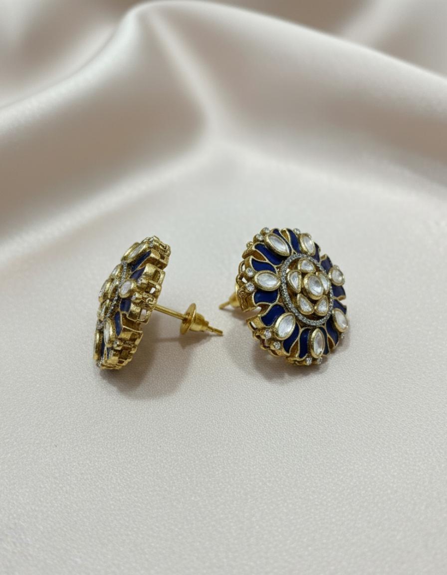 Blue Enamel Polki Style Cubic Zircon Stud Earrings - Image 2