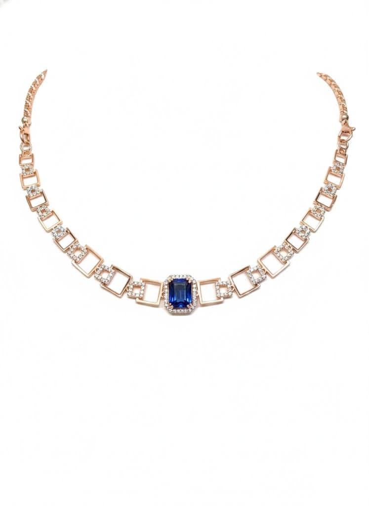 Blue Sapphire And Diamond Geometric Halo Necklace & Earring Set