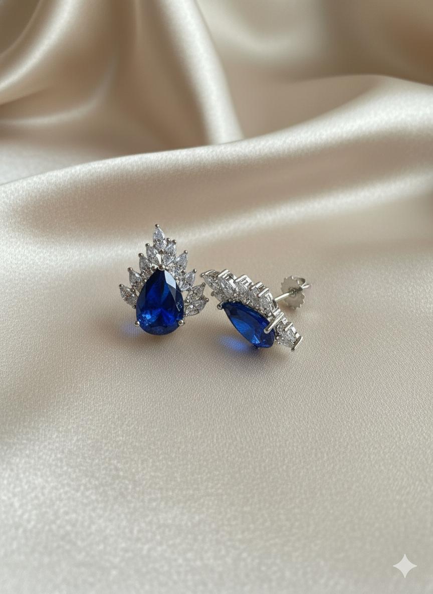 Blue Sapphire & Cubic Zirconia Halo Sterling Silver Stud Earrings - Image 2
