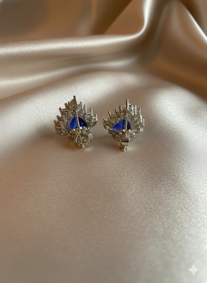 Blue Sapphire & Cubic Zirconia Halo Sterling Silver Stud Earrings - Image 3
