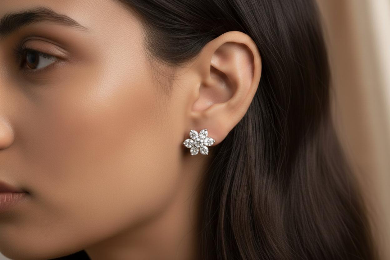 Cubic Zirconia Flower Cluster Stud Earrings - Image 4