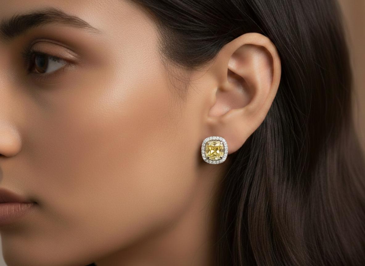  Cushion Halo Studs With Vivid Yellow Cubic Zirconia - Image 4