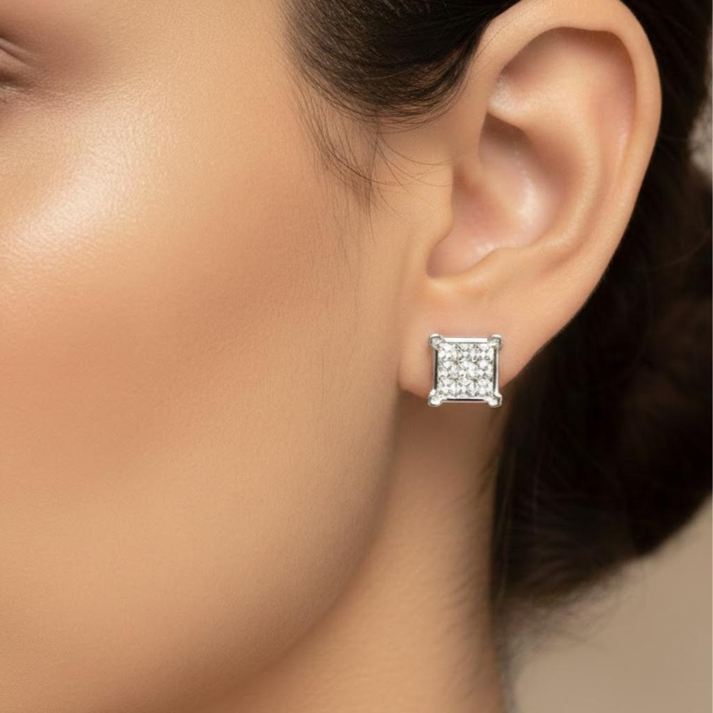 Unisex Princess Cut Diamond Cluster Studs - Image 4