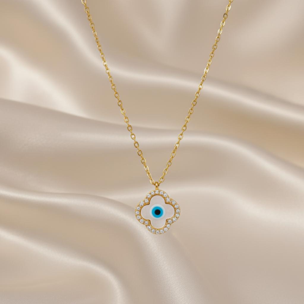 Mop Gold Clover Evil Eye Necklace.