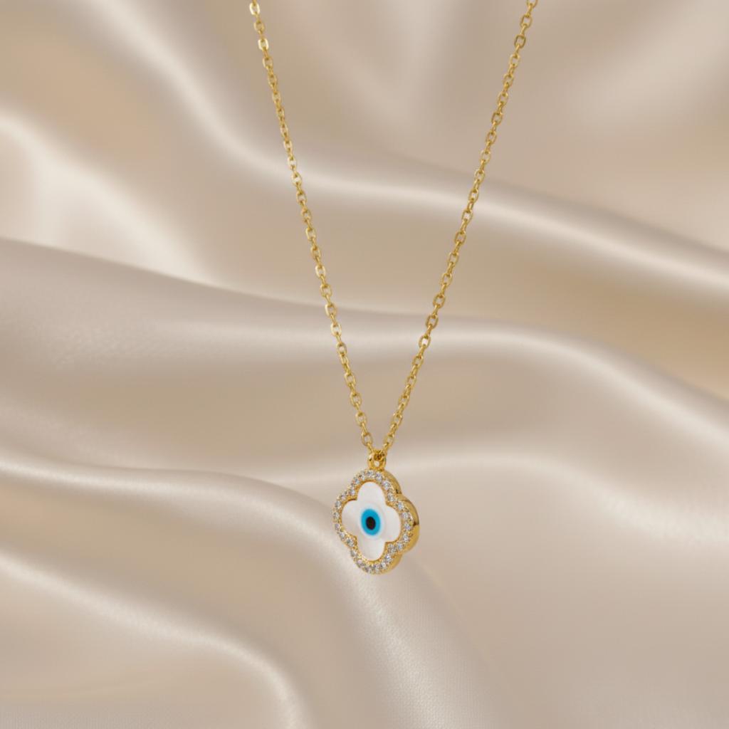 Mop Gold Clover Evil Eye Necklace. - Image 2
