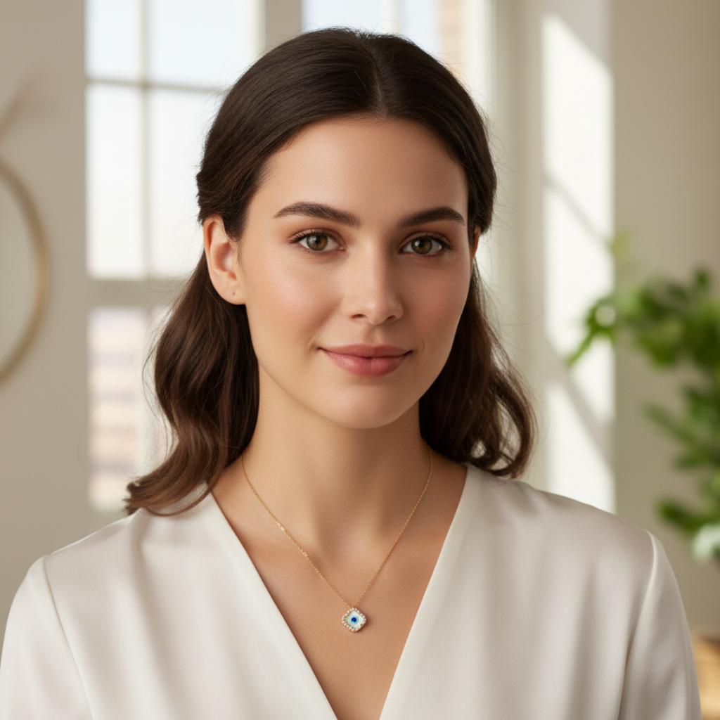 Mop Gold Clover Evil Eye Necklace. - Image 4