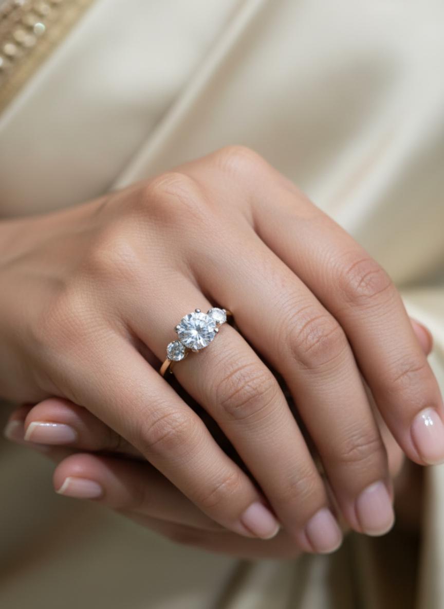 Classic Round Cubic Zirconia Three Stone Silver Ring - Image 4