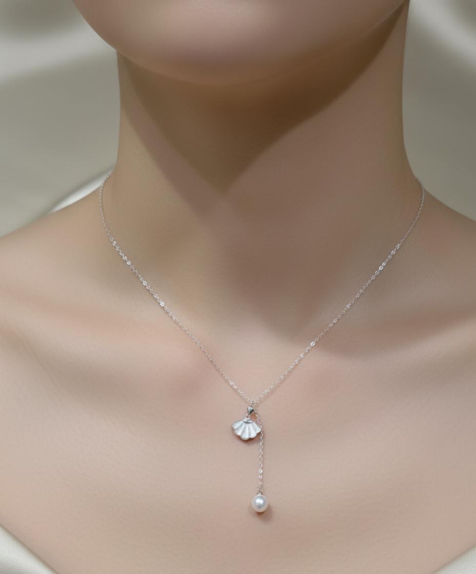 Dainty Shell Charm Pearl Dangle  Necklace - Image 4