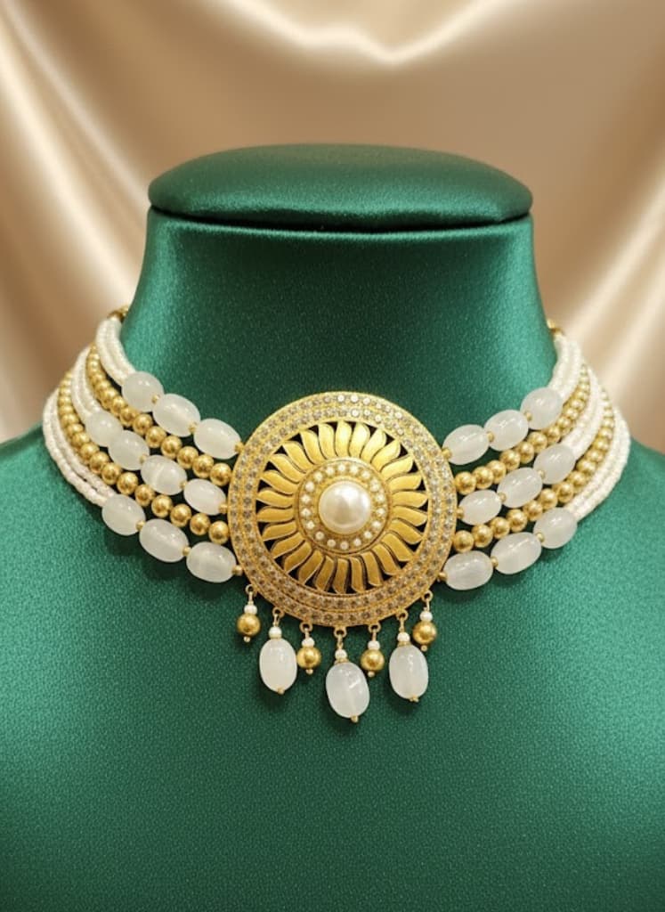 Designer 22k Gold Diamond & Pearl Choker Set - Image 2