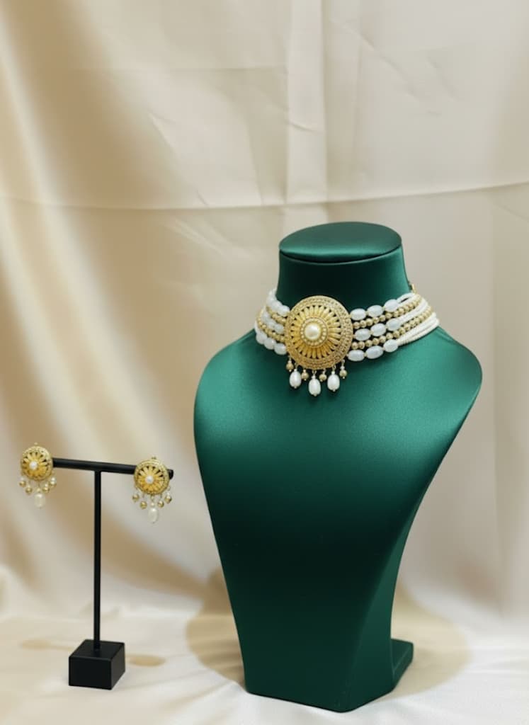 Designer 22k Gold Diamond & Pearl Choker Set - Image 3