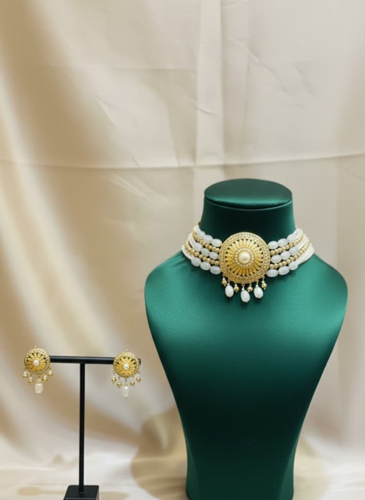 Designer 22k Gold Diamond & Pearl Choker Set