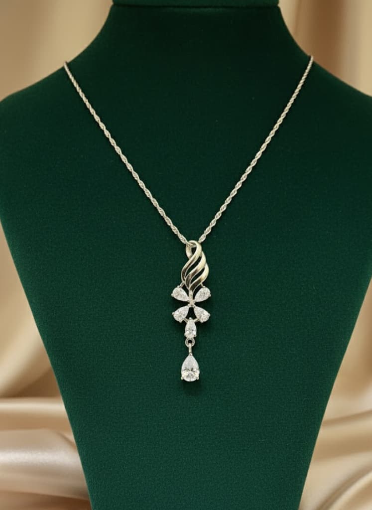 Elegant Cubic Zirconia Cluster Dangle Silver Necklace - Image 3