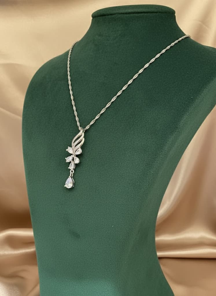 Elegant Cubic Zirconia Cluster Dangle Silver Necklace - Image 2