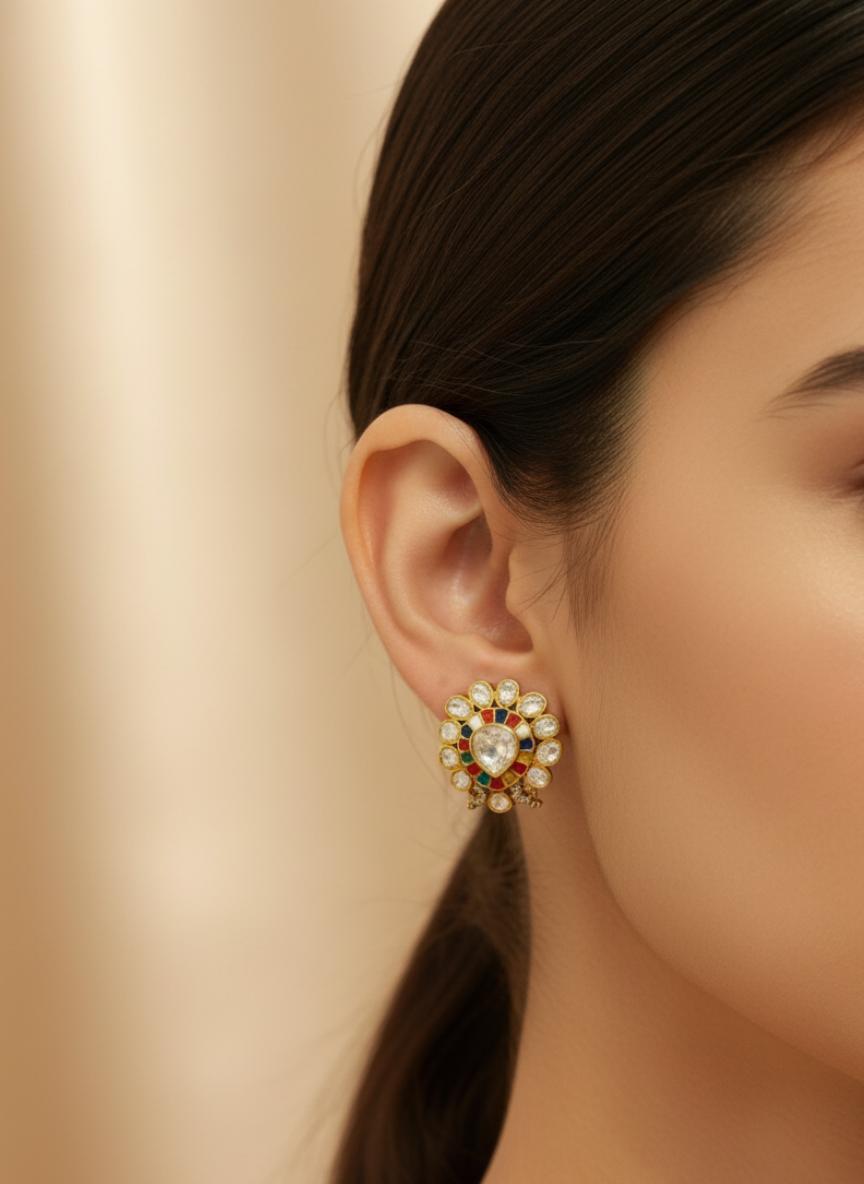 Ethnic Navratan Moissanite Polki Stud Earrings - Image 4