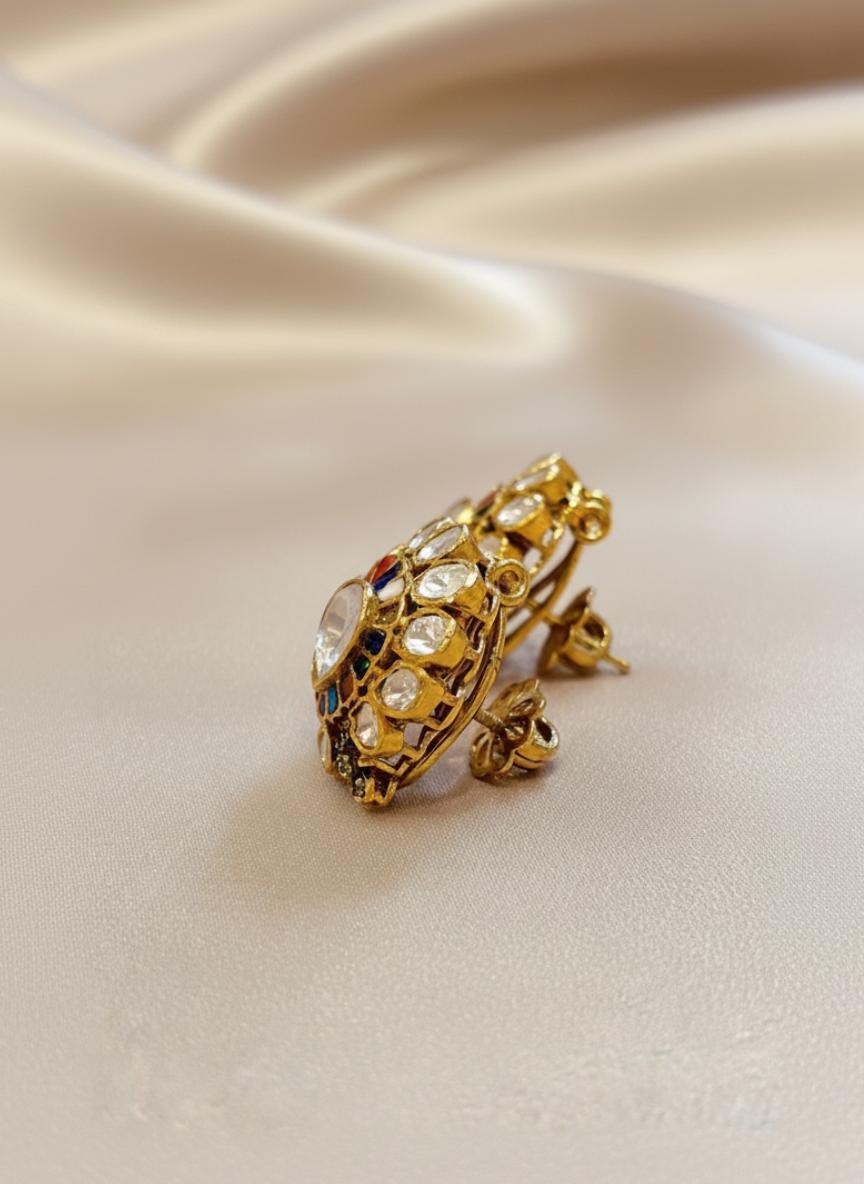 Ethnic Navratan Moissanite Polki Stud Earrings - Image 2