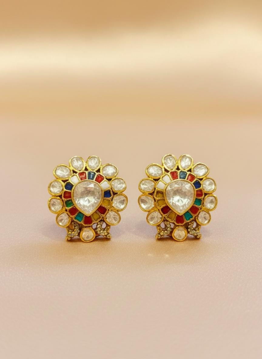 Ethnic Navratan Moissanite Polki Stud Earrings