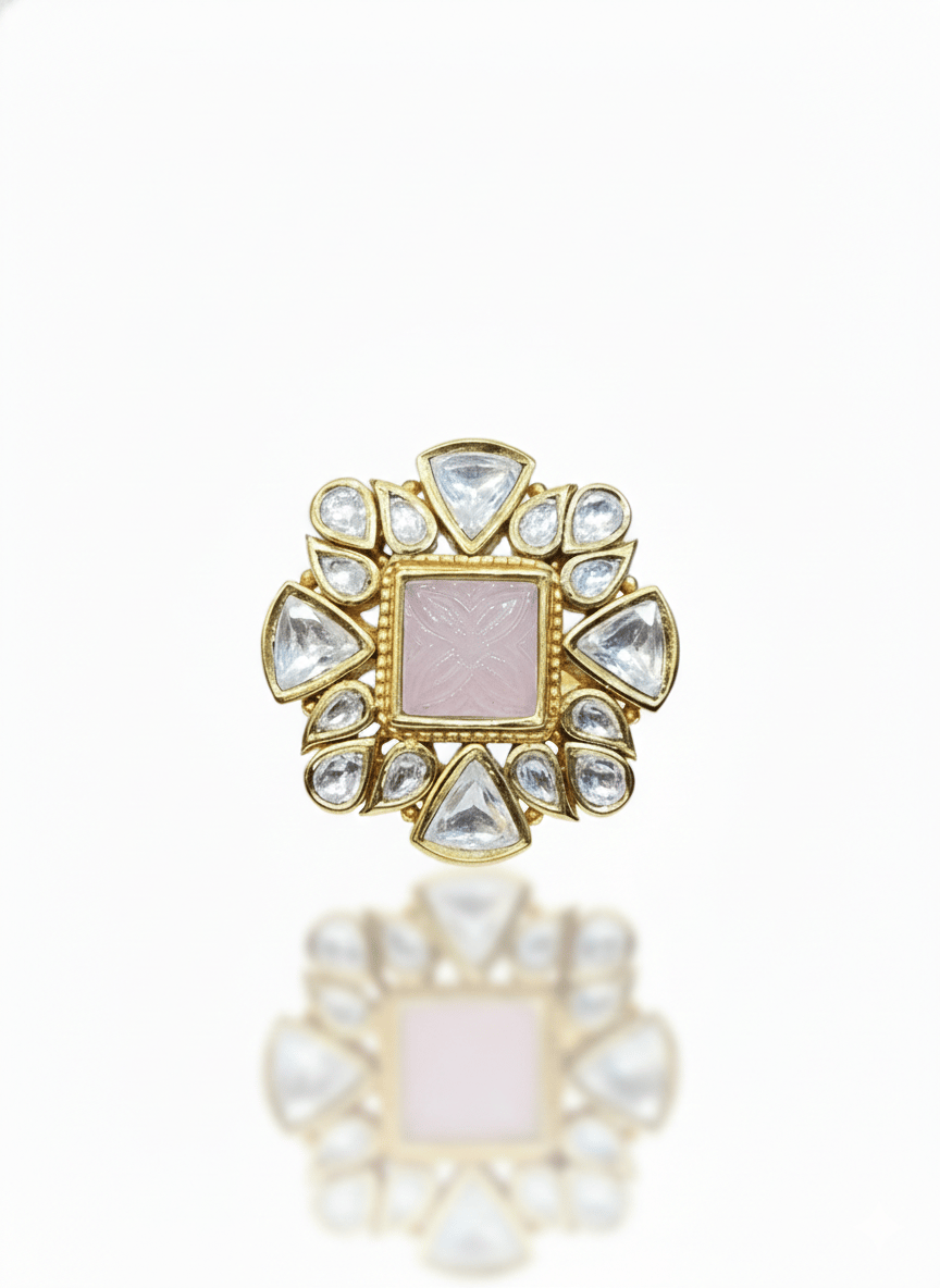 Floral Kundan Statement Ring With Carved Pink Stone