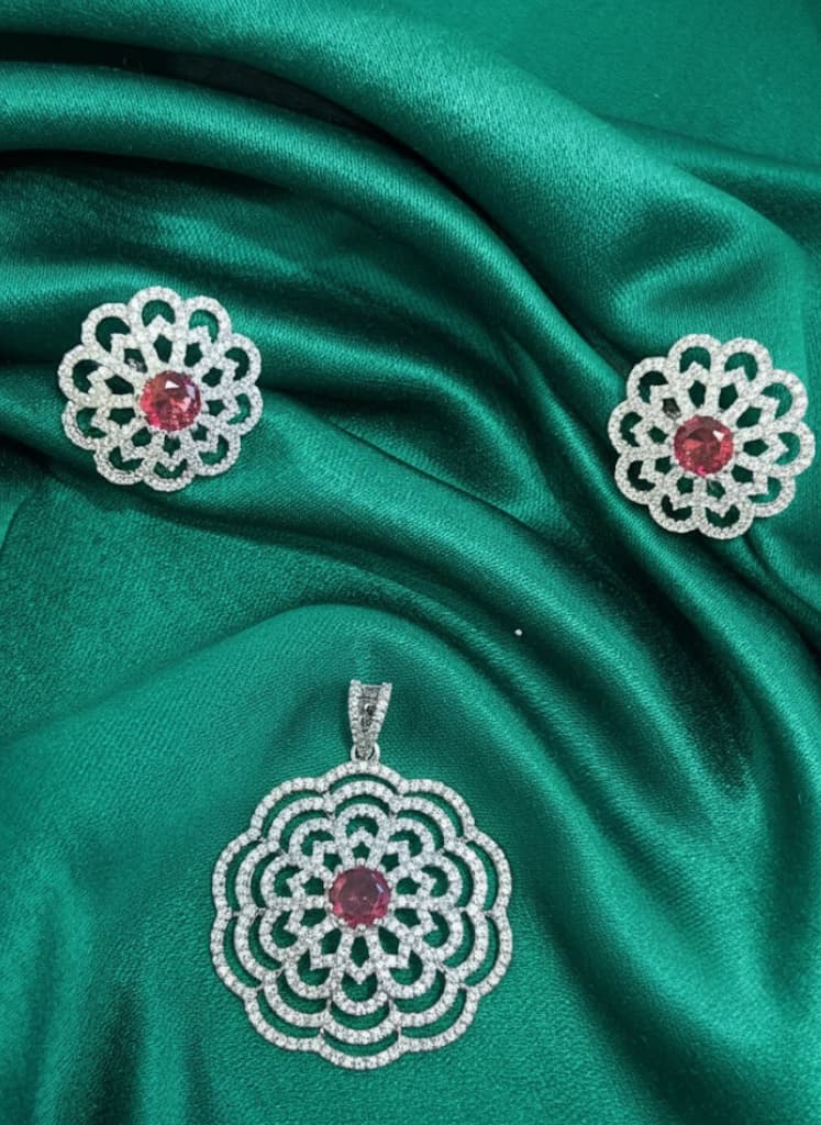 Floral Mandala Pendant And Earring Set With Pink Gem