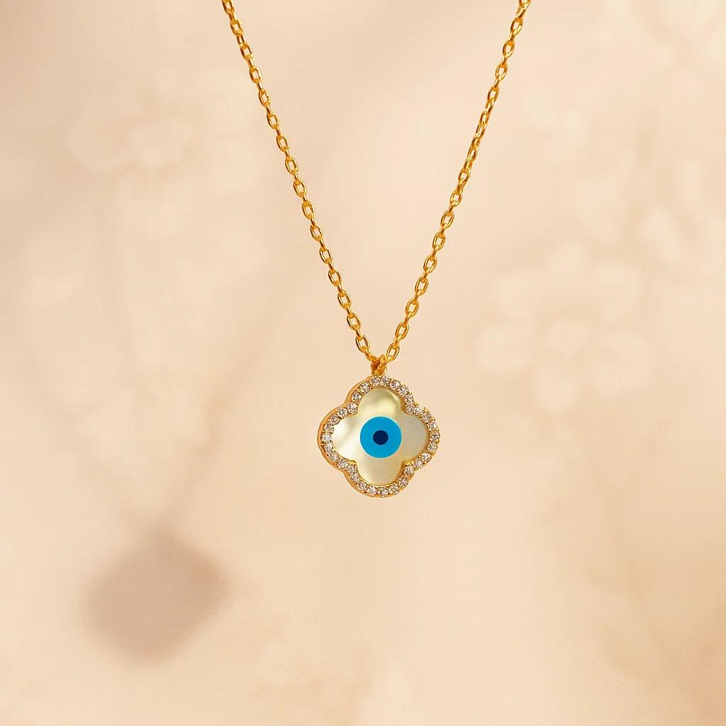 Mop Gold Clover Evil Eye Necklace. - Image 3