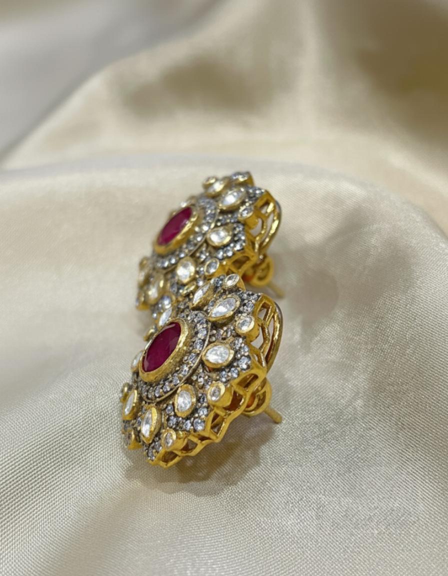Floral Oval Cut Ruby Moissanite Stud  - Image 3