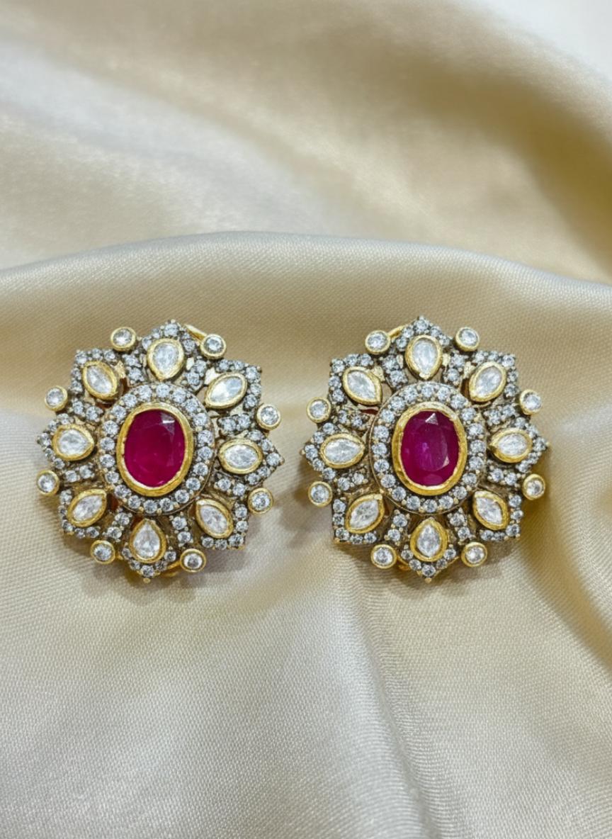 Floral Oval Cut Ruby Moissanite Stud 
