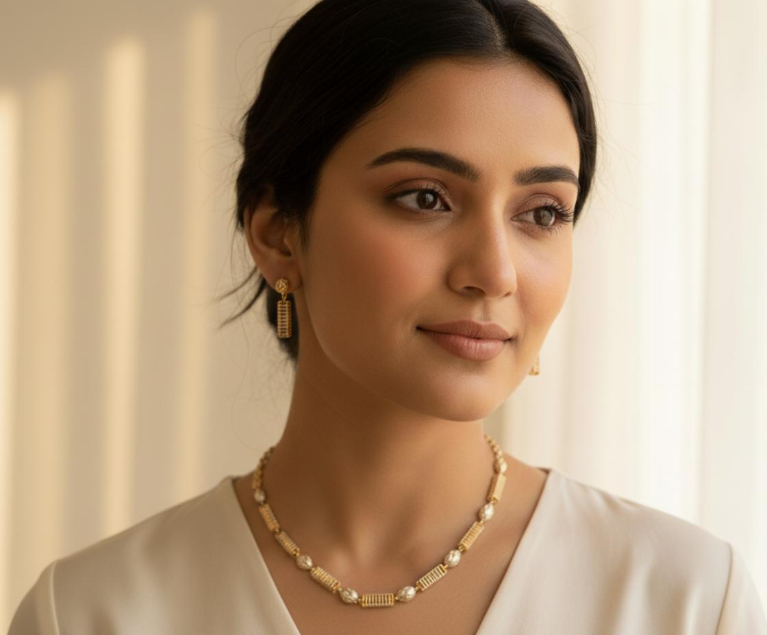 Gold Plated  Necklace And Earrings With Premium Pave Cz Grid Links - Image 4