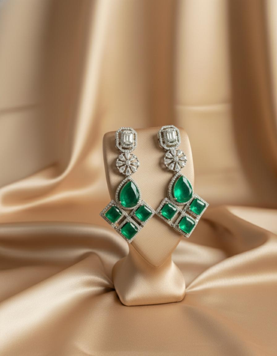 Green & Baguette Cubic Zirconia Statement Drop Earrings. - Image 2
