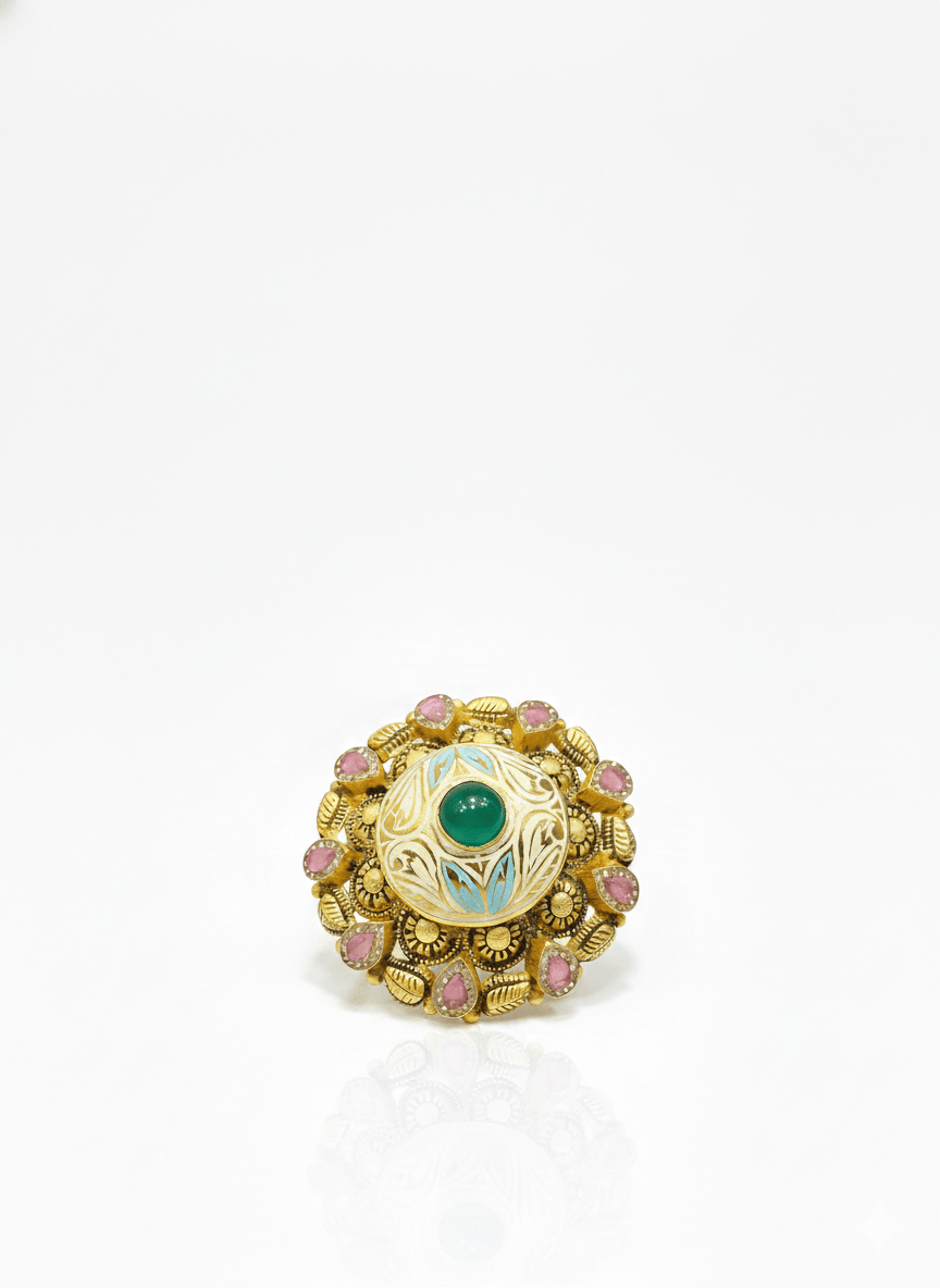 Hand-Painted Meenakari Statement Ring With Emerald Green & Pink Accents
