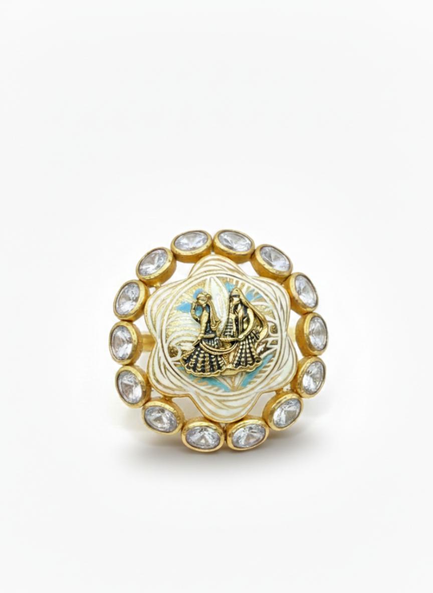 Hand-Painted Meenakari Statement Ring With Premium Kundan Stone Halo